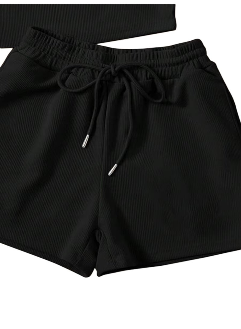 Nileton Women’s Ribbed Crop Tank Top and High-Waisted Shorts Set Casual Lounge and Workout Wear - Scoop Neck Top and drawstring shorts set For women - Image 3